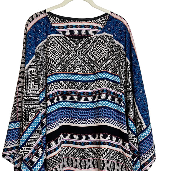 Womens Kimono Sleeve Tunic OSFM Blue Black Tribal Print Swim Cover Up Chiffon - Picture 2 of 4